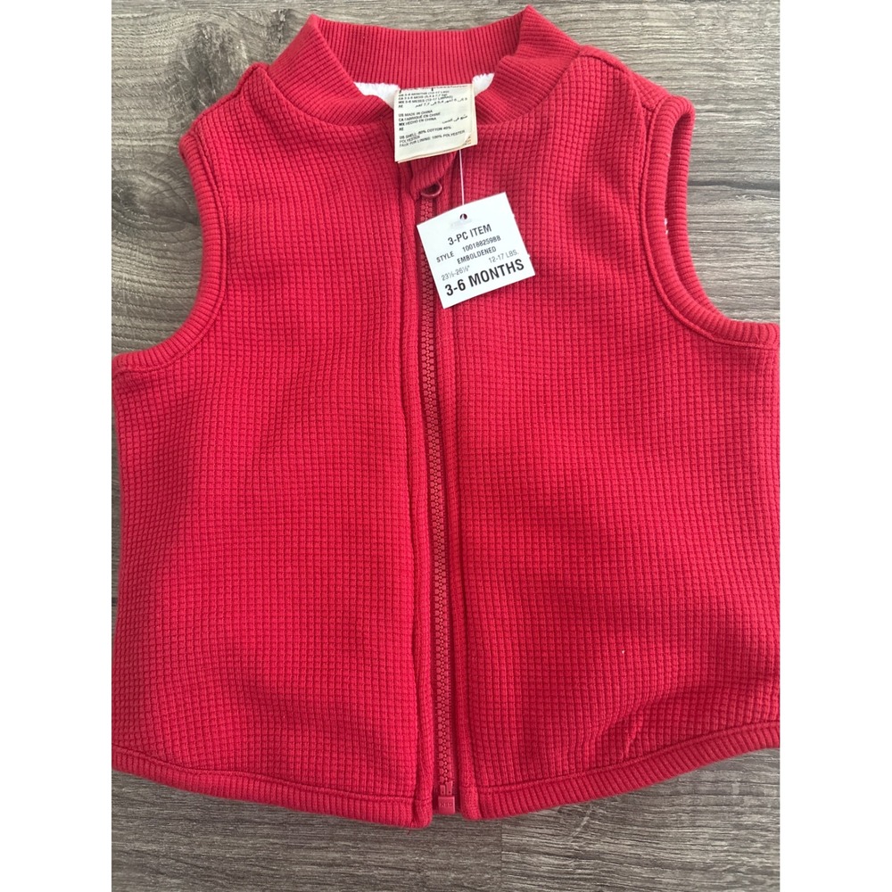 First Impressions Baby Red Waffle Knit Faux Fur Lined Zip Up Vest 3-6 Months NEW